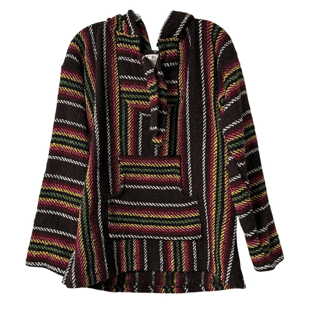 Funny Guy Mugs Baja Hoodie Unisex Brown Multi Striped Woven Drug Rug Pullover M